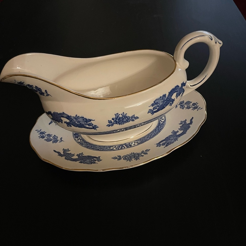 Vintage Royal Cauldon Dragon gravy boat with plate
